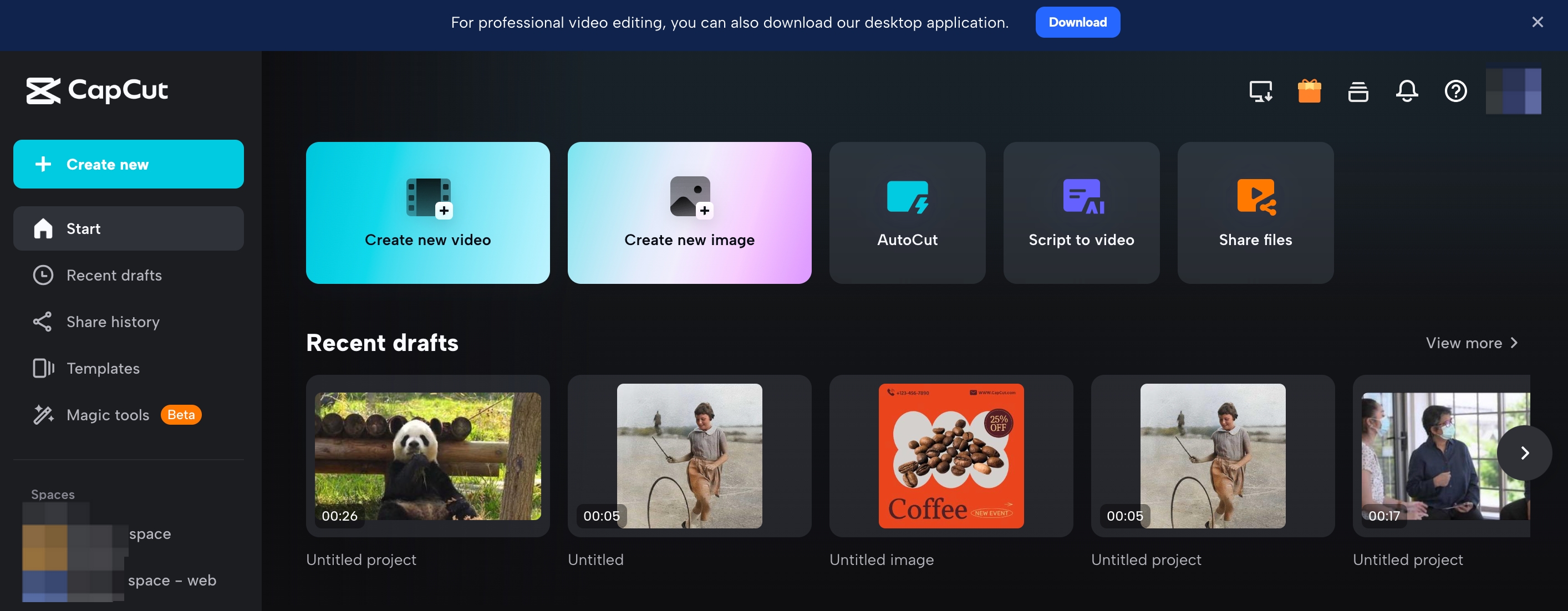 CapCut website for video editing